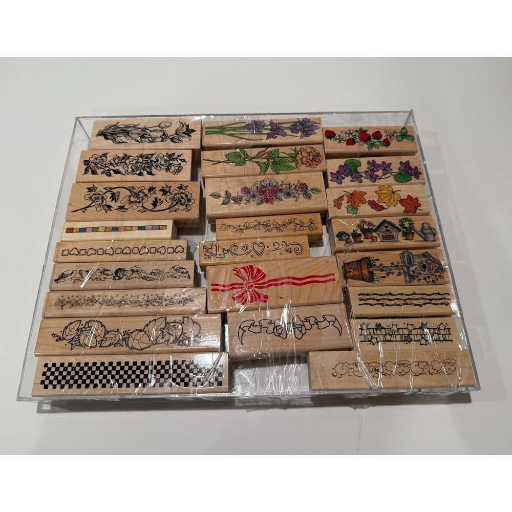 Vintage Wood Mounted Mini Rubber Stamp Lot 24pc Floral Borders Stamps
